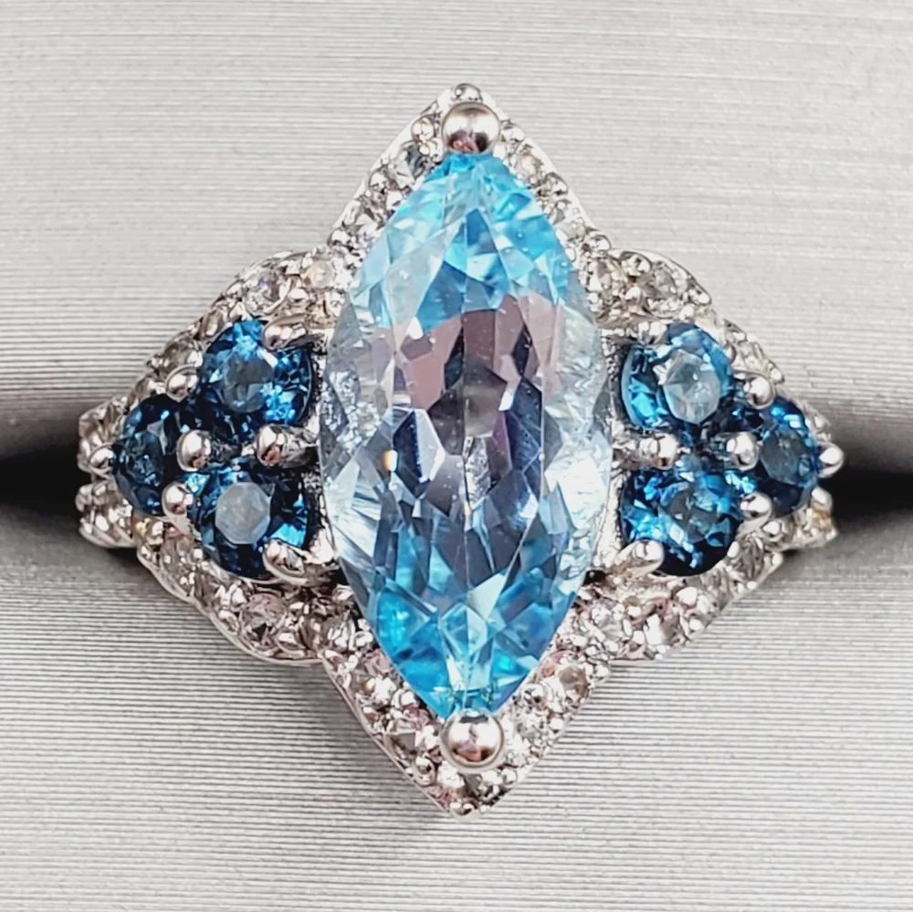 Genuine Marquise Sky, London Blue & White Topaz 925 Sterling Silver Halo Ring